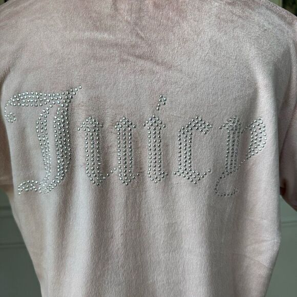 Juicy Couture Silky Soft Pink Velour Silver Bling Stud Cropped Button Up M - Picture 10 of 13